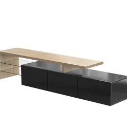 Meuble TV Moderne avec LED, 3 Portes et Étagères en Verre, MDF E1, 197,5x39x42 cm, Noir et Bois