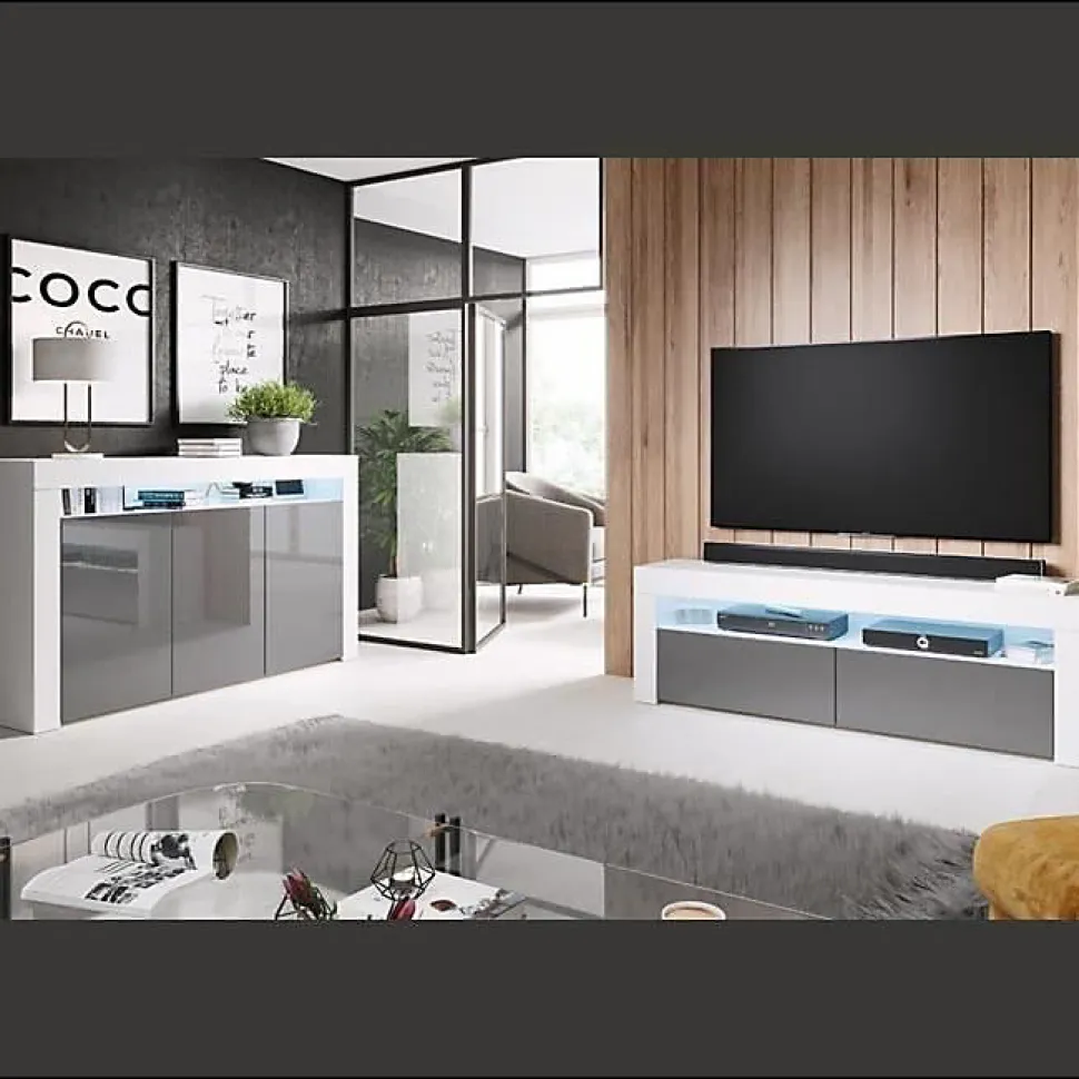 Meuble TV moderne avec LED RGB - Blanc & Gris - 2 portes - Mélamine - 140 x 50,5 x 35 cm