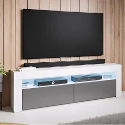 Meuble TV moderne avec LED RGB - Blanc & Gris - 2 portes - Mélamine - 140 x 50,5 x 35 cm