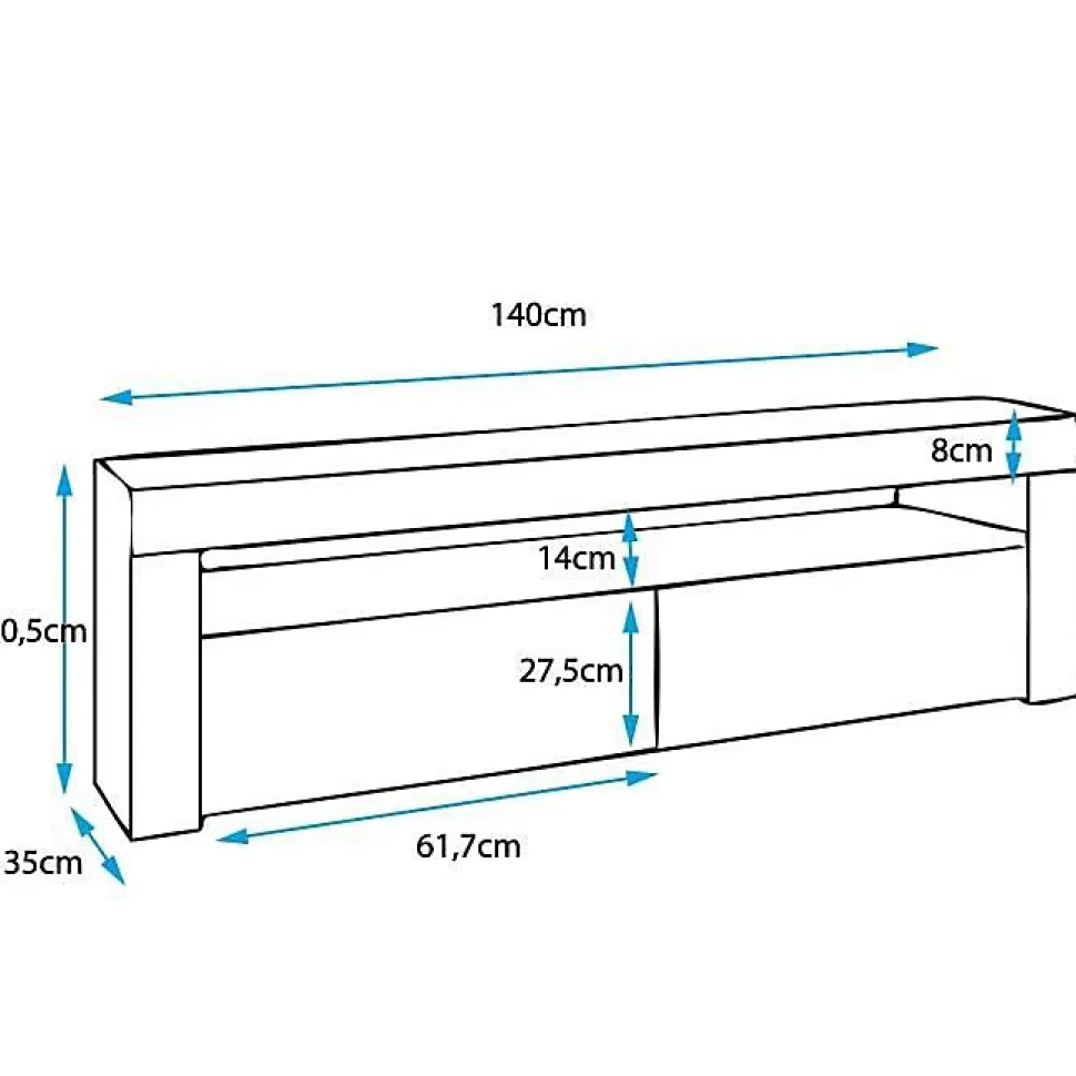 Meuble TV moderne avec LED RGB - Blanc & Gris - 2 portes - Mélamine - 140 x 50,5 x 35 cm