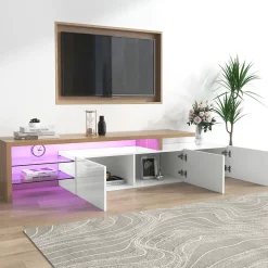 Meuble TV Moderne avec lumières LED Variables, 3 Portes et étagères en Verre - Buffet élégant pour Salon - Blanc