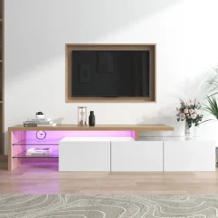 Meuble TV Moderne avec lumières LED Variables, 3 Portes et étagères en Verre - Buffet élégant pour Salon - Blanc