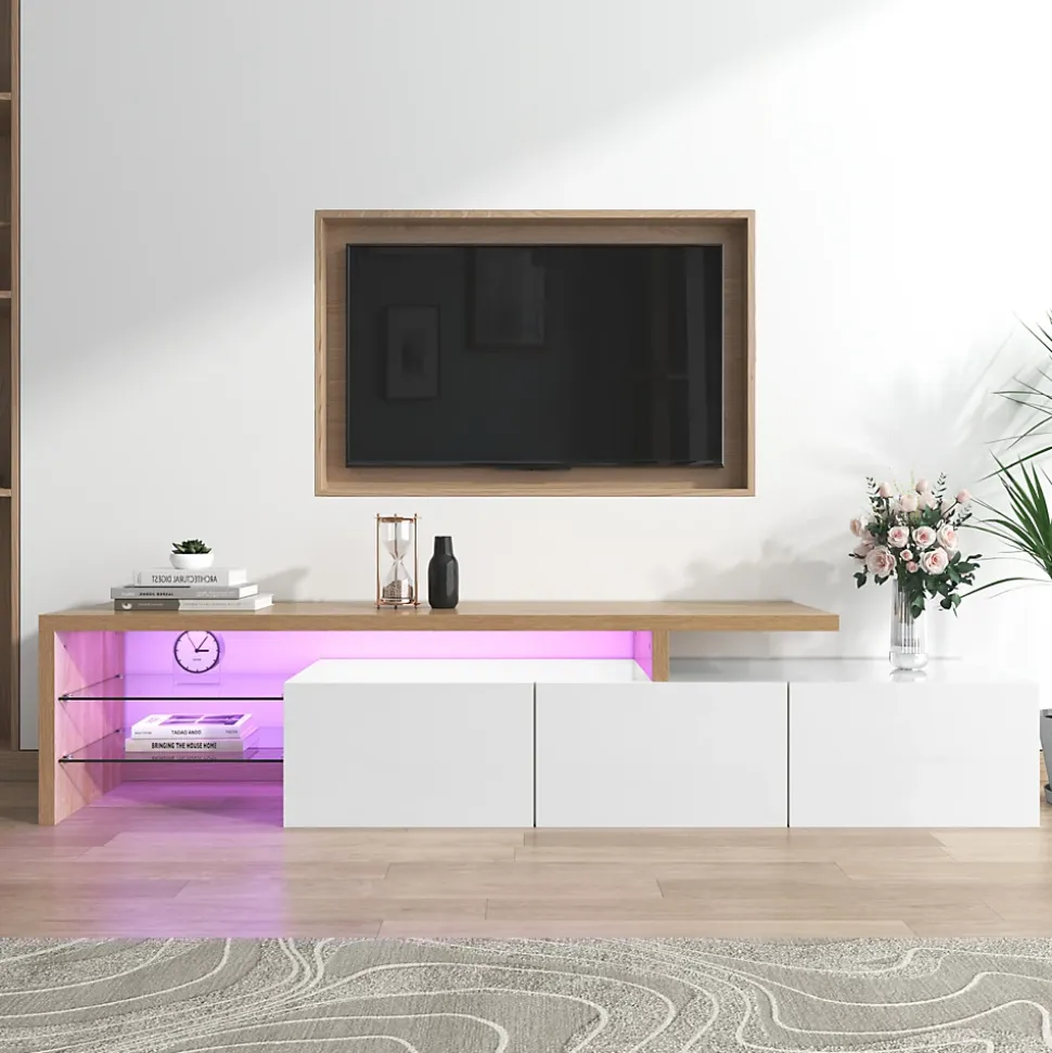 Meuble TV Moderne avec lumières LED Variables, 3 Portes et étagères en Verre - Buffet élégant pour Salon - Blanc