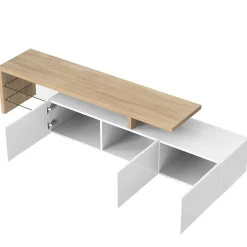 Meuble TV Moderne avec lumières LED Variables, 3 Portes et étagères en Verre - Buffet élégant pour Salon - Blanc