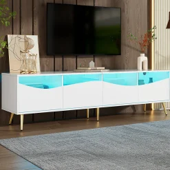 Meuble TV Moderne avec Portes Vitrées, Éclairage LED Intégré et Espace de Rangement, design Pieds Dorés Métal - Blanc