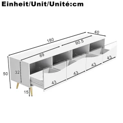 Meuble TV Moderne avec Portes Vitrées, Éclairage LED Intégré et Espace de Rangement, design Pieds Dorés Métal - Blanc