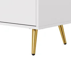 Meuble TV Moderne avec Portes Vitrées, Éclairage LED Intégré et Espace de Rangement, design Pieds Dorés Métal - Blanc