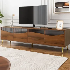 Meuble TV Moderne avec Portes Vitrées et Éclairage LED Intégré, Meuble Bas design Bois avec Pieds Dorés Métal - Naturel