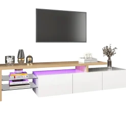 Meuble TV moderne elegance raffinee rangement pratique finition blanche brillante effet bois etageres verre LED integre