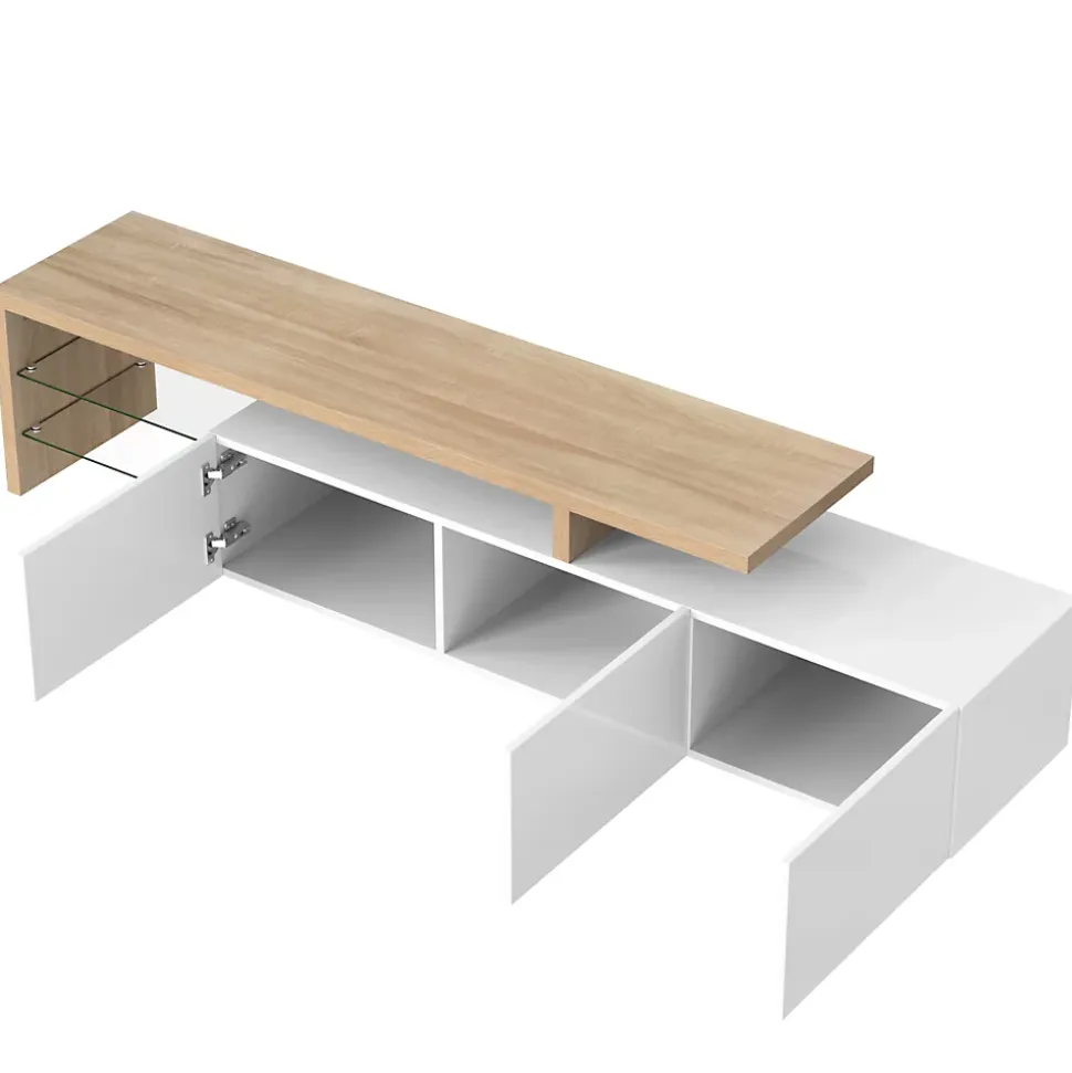 Meuble TV moderne elegance raffinee rangement pratique finition blanche brillante effet bois etageres verre LED integre