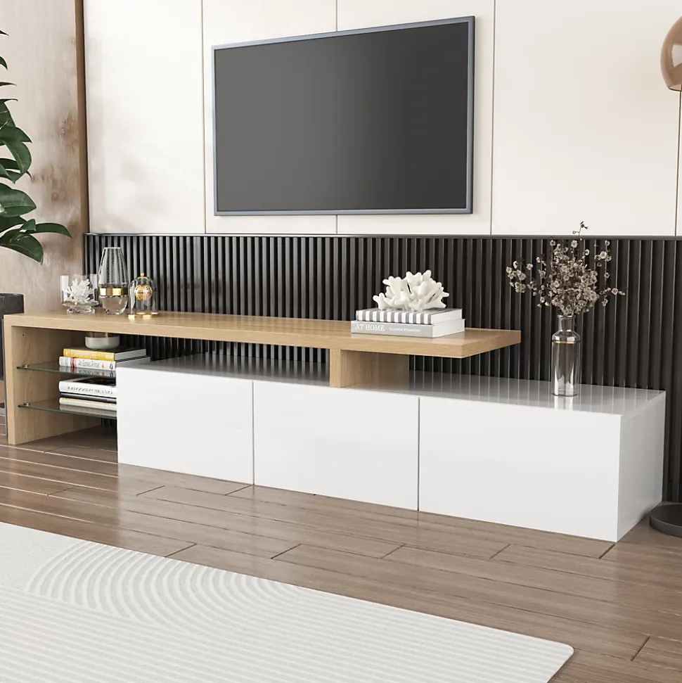 Meuble TV moderne elegance raffinee rangement pratique finition blanche brillante effet bois etageres verre LED integre