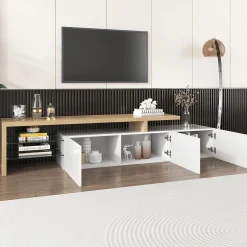 Meuble TV moderne elegance raffinee rangement pratique finition blanche brillante effet bois etageres verre LED integre