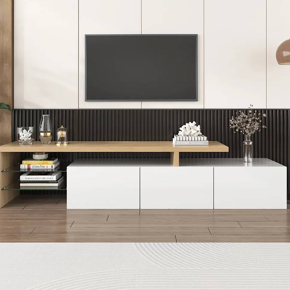Meuble TV moderne elegance raffinee rangement pratique finition blanche brillante effet bois etageres verre LED integre