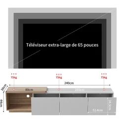 Meuble TV Moderne Extensible 163 - 240 cm avec lumières LED Variables, 3 Tons de Lumière, 3 Tiroirs, Buffet pour Salon, Blanc