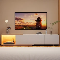 Meuble TV Moderne Extensible 163 - 240 cm avec lumières LED Variables, 3 Tons de Lumière, 3 Tiroirs, Buffet pour Salon, Blanc