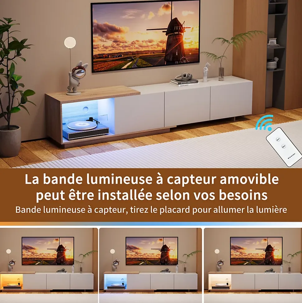 Meuble TV Moderne Extensible 163 - 240 cm avec lumières LED Variables, 3 Tons de Lumière, 3 Tiroirs, Buffet pour Salon, Blanc