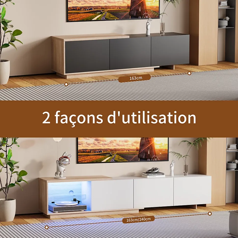 Meuble TV Moderne Extensible 163 - 240 cm avec lumières LED Variables, 3 Tons de Lumière, 3 Tiroirs, Buffet pour Salon, Blanc