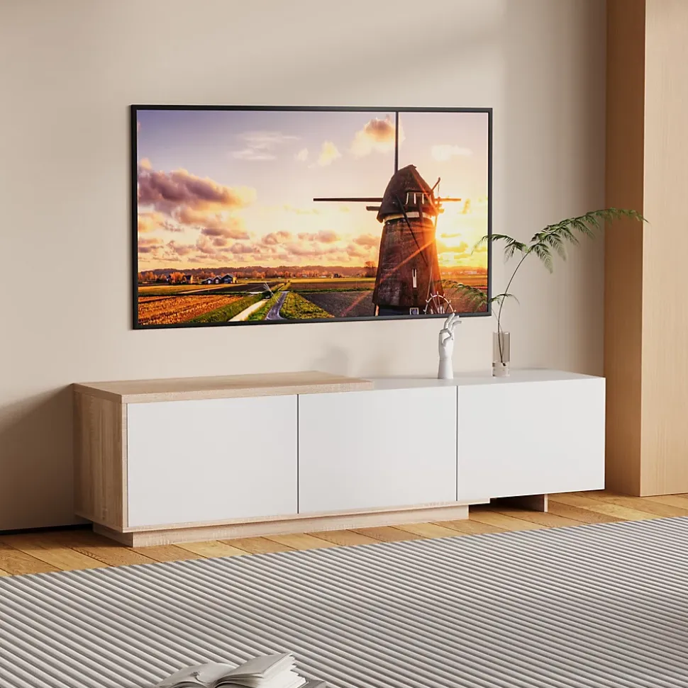 Meuble TV Moderne Extensible 163 - 240 cm avec lumières LED Variables, 3 Tons de Lumière, 3 Tiroirs, Buffet pour Salon, Blanc
