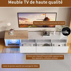 Meuble TV Moderne Extensible 163 - 240 cm avec lumières LED Variables, 3 Tons de Lumière, 3 Tiroirs, Buffet pour Salon, Blanc
