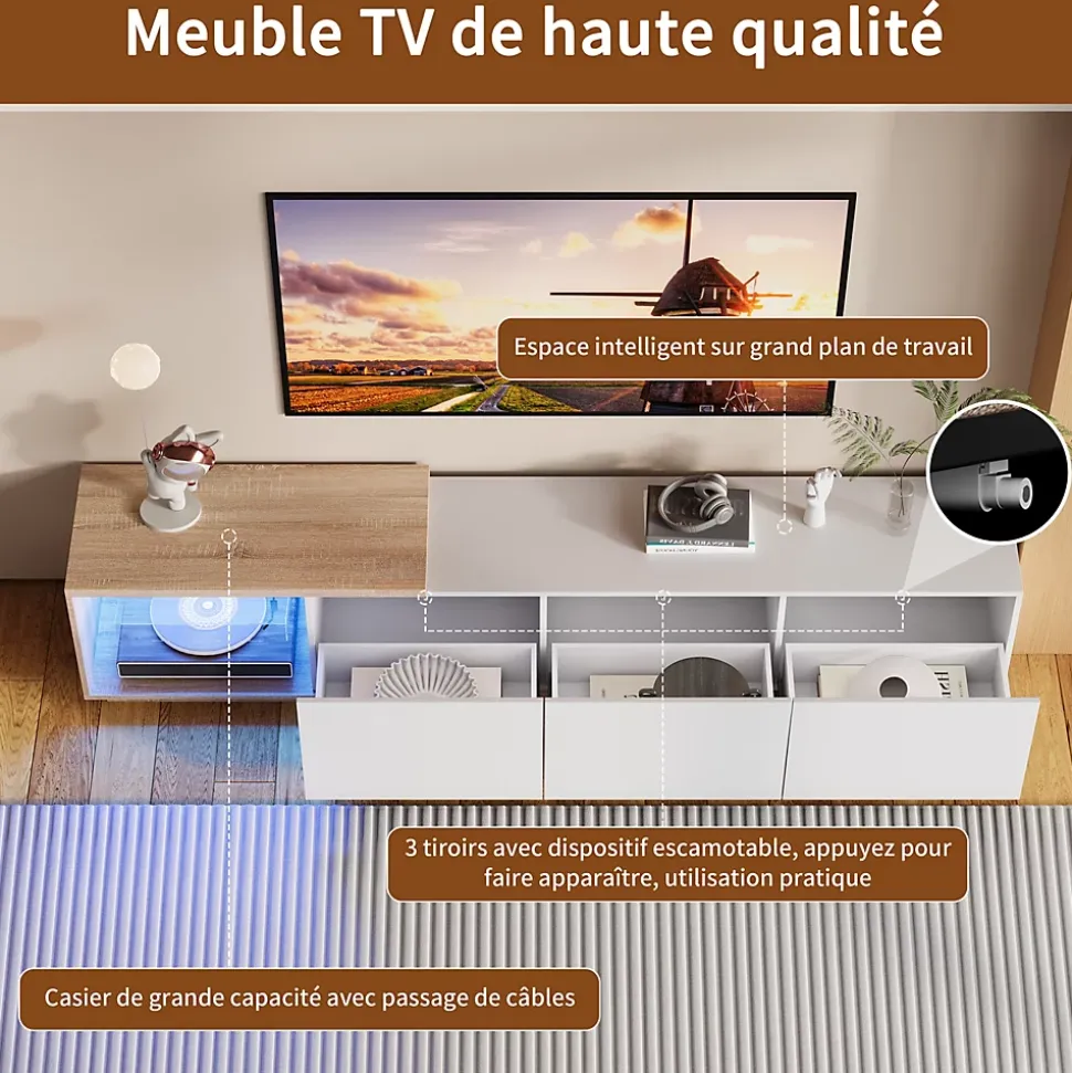 Meuble TV Moderne Extensible 163 - 240 cm avec lumières LED Variables, 3 Tons de Lumière, 3 Tiroirs, Buffet pour Salon, Blanc