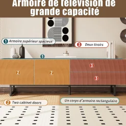 Meuble TV moderne 180x38x51.5 cm - 2 portes et 2 tiroirs - Finition bois veiné ondulé - Pieds en métal - Naturel