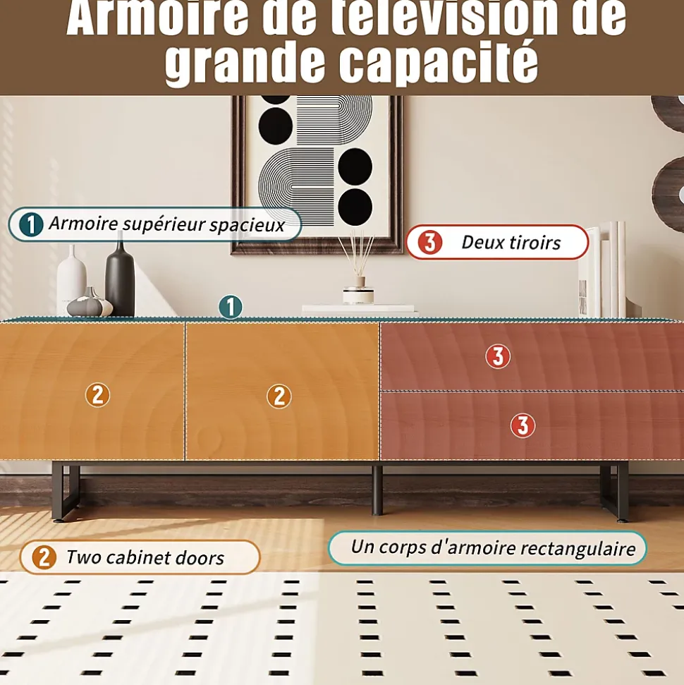 Meuble TV moderne 180x38x51.5 cm - 2 portes et 2 tiroirs - Finition bois veiné ondulé - Pieds en métal - Naturel