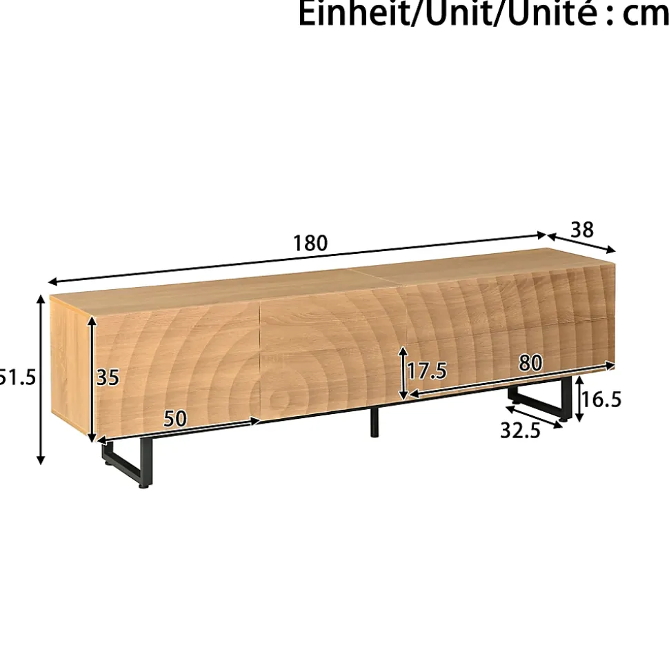 Meuble TV moderne 180x38x51.5 cm - 2 portes et 2 tiroirs - Finition bois veiné ondulé - Pieds en métal - Naturel