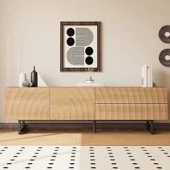 Meuble TV moderne 180x38x51.5 cm - 2 portes et 2 tiroirs - Finition bois veiné ondulé - Pieds en métal - Naturel