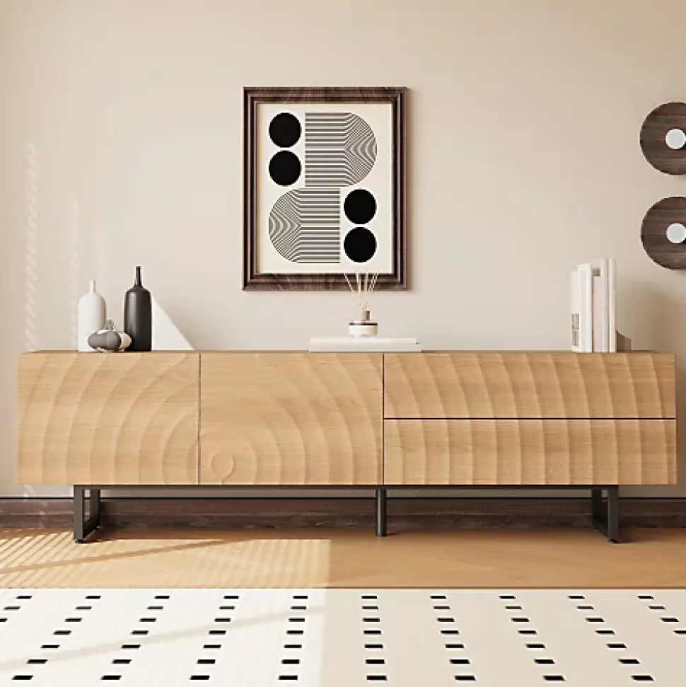 Meuble TV moderne 180x38x51.5 cm - 2 portes et 2 tiroirs - Finition bois veiné ondulé - Pieds en métal - Naturel