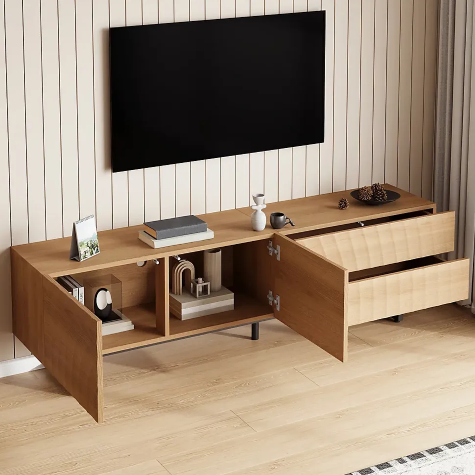 Meuble TV moderne 180x38x51.5 cm - 2 portes et 2 tiroirs - Finition bois veiné ondulé - Pieds en métal - Naturel