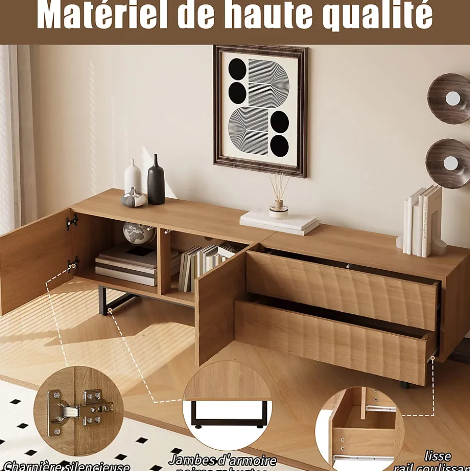 Meuble TV moderne 180x38x51.5 cm - 2 portes et 2 tiroirs - Finition bois veiné ondulé - Pieds en métal - Naturel
