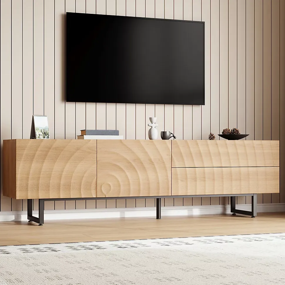 Meuble TV moderne 180x38x51.5 cm - 2 portes et 2 tiroirs - Finition bois veiné ondulé - Pieds en métal - Naturel