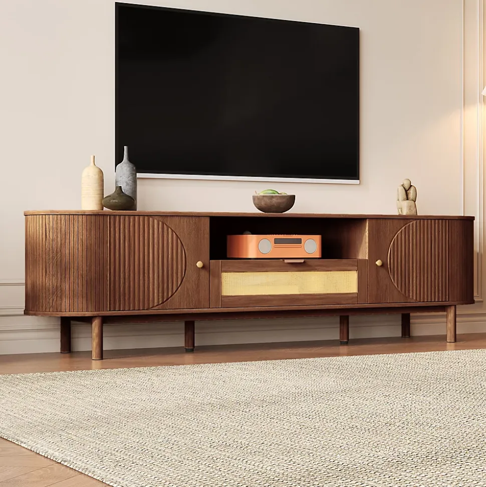 Meuble TV moderne 175x36x51 cm - 1 tiroir en rotin et 2 portes - Étagères ouvertes - Plateau rond - Marron