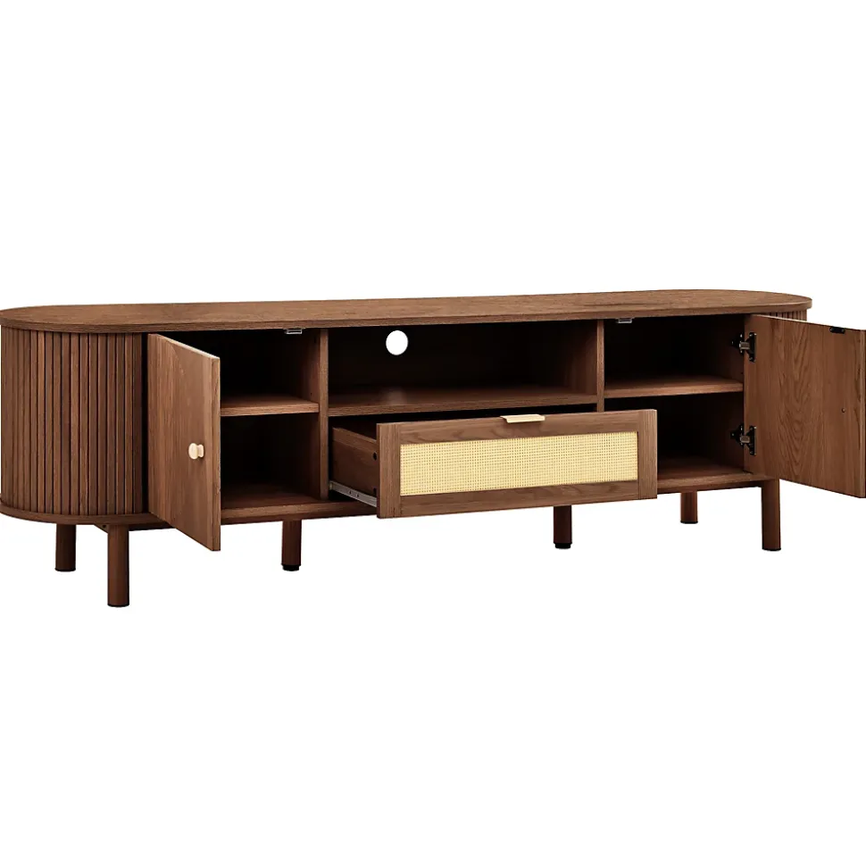 Meuble TV moderne 175x36x51 cm - 1 tiroir en rotin et 2 portes - Étagères ouvertes - Plateau rond - Marron