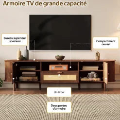 Meuble TV moderne 175x36x51 cm - 1 tiroir en rotin et 2 portes - Étagères ouvertes - Plateau rond - Marron