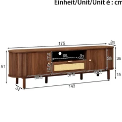 Meuble TV moderne 175x36x51 cm - 1 tiroir en rotin et 2 portes - Étagères ouvertes - Plateau rond - Marron