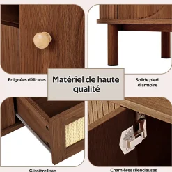 Meuble TV moderne 175x36x51 cm - 1 tiroir en rotin et 2 portes - Étagères ouvertes - Plateau rond - Marron