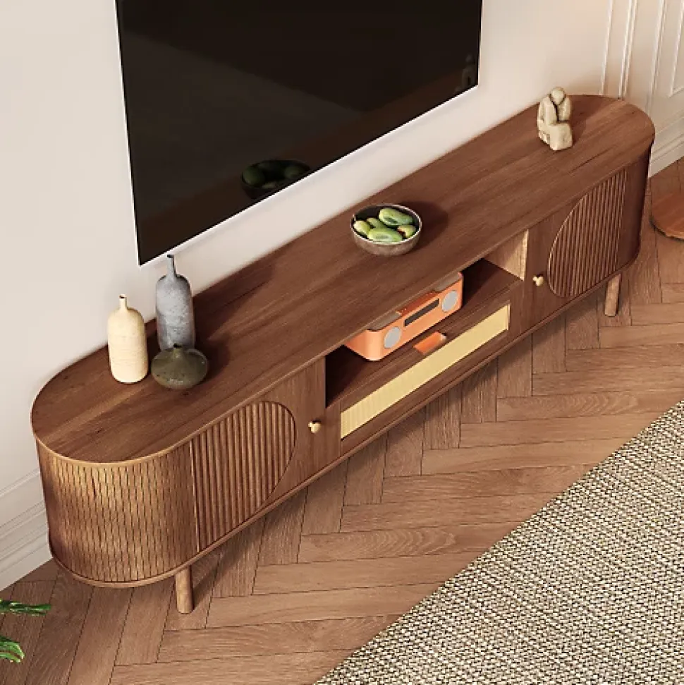 Meuble TV moderne 175x36x51 cm - 1 tiroir en rotin et 2 portes - Étagères ouvertes - Plateau rond - Marron