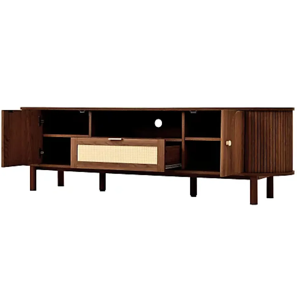 Meuble TV moderne 175x36x51 cm - 1 tiroir en rotin et 2 portes - Étagères ouvertes - Plateau rond - Marron