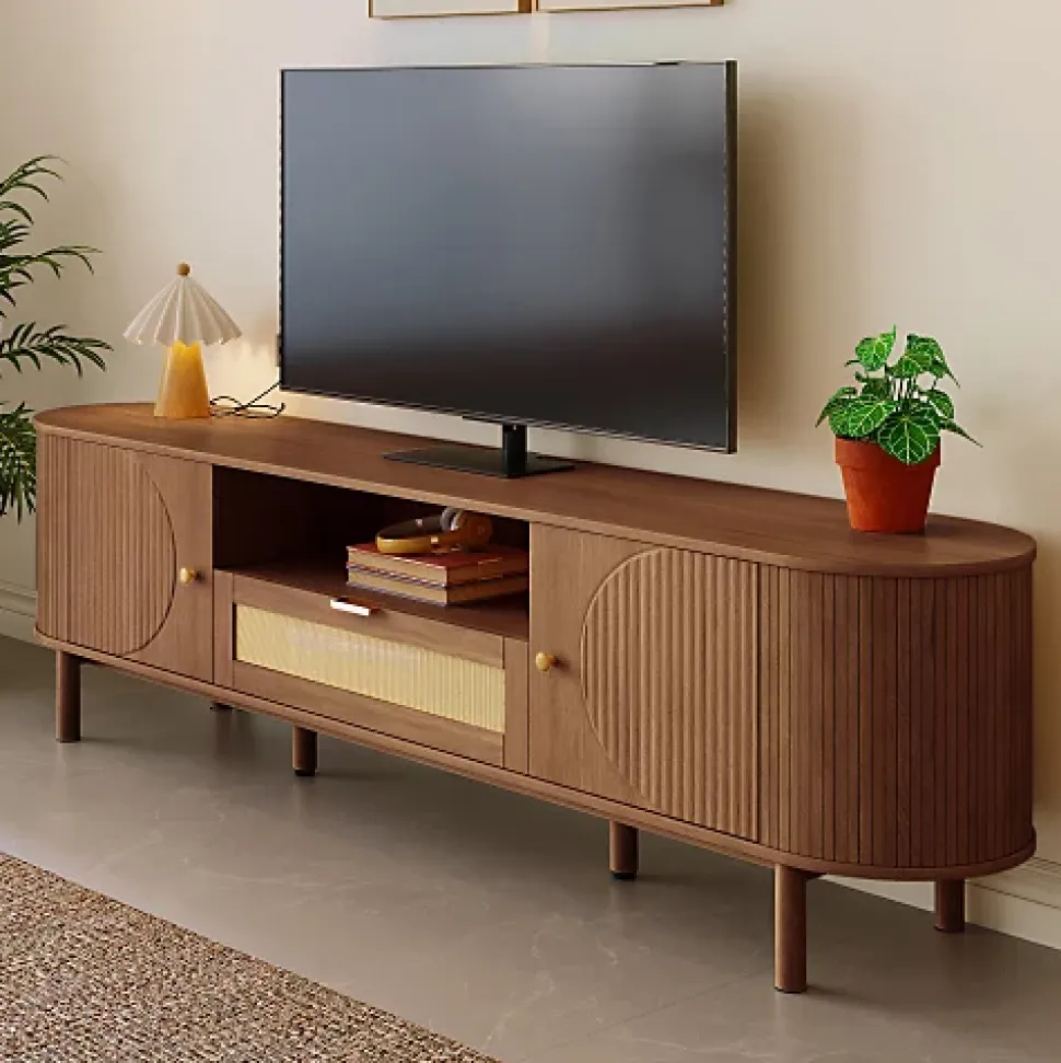 Meuble TV moderne 175x36x51 cm - 1 tiroir en rotin et 2 portes - Étagères ouvertes - Plateau rond - Marron
