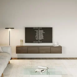 Meuble TV mural aspect bois noyer Wisconsin avec 4 abattants 200 cm FRAMME