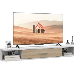 Meuble TV mural banc TV design flottant - 2 niches, porte abattante - dim. 120L x 26l x 16H cm - blanc aspect chêne clair