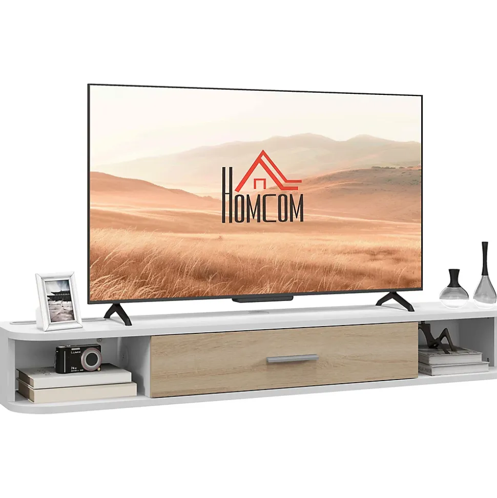 Meuble TV mural banc TV design flottant - 2 niches, porte abattante - dim. 120L x 26l x 16H cm - blanc aspect chêne clair