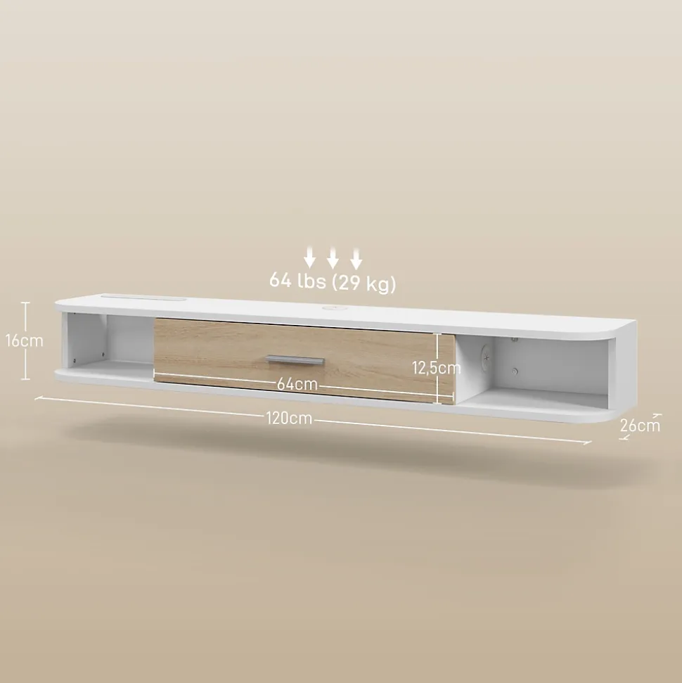 Meuble TV mural banc TV design flottant - 2 niches, porte abattante - dim. 120L x 26l x 16H cm - blanc aspect chêne clair