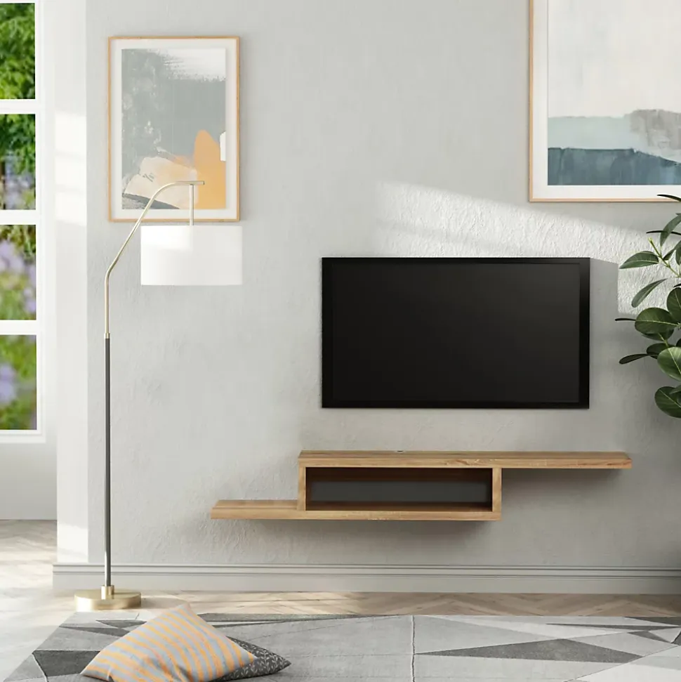 Meuble TV mural flottant design - étagère murale flottante - niche, passe-fils - panneaux particules chêne clair