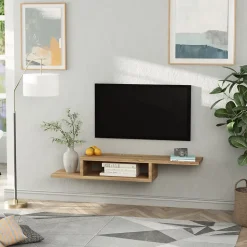 Meuble TV mural flottant design - étagère murale flottante - niche, passe-fils - panneaux particules chêne clair
