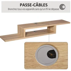 Meuble TV mural flottant design - étagère murale flottante - niche, passe-fils - panneaux particules chêne clair