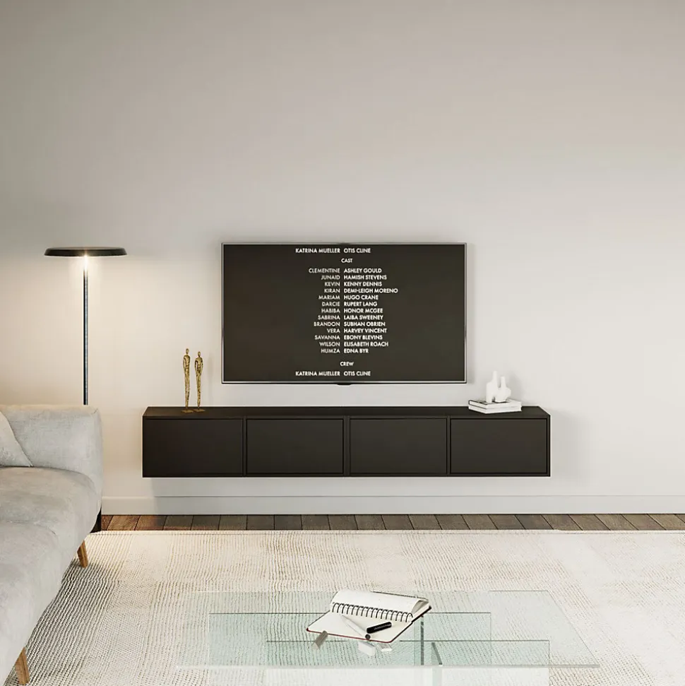 Meuble TV mural noir avec 4 abattants 200 cm FRAMME