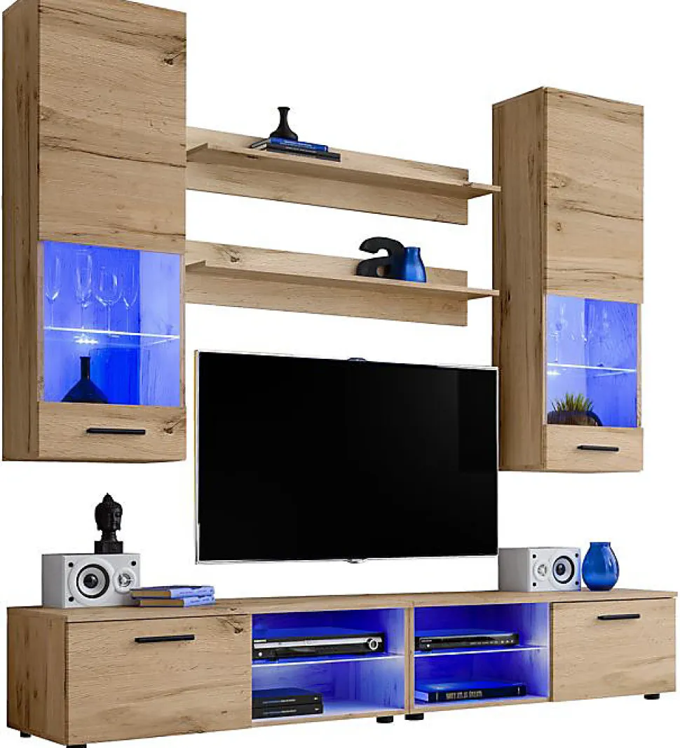 Meuble TV Mural Vida Extreme Furniture - LED bleues - Bois naturel & Bois naturel - Façades en Brillant - L200cmxH195cmxP45cm