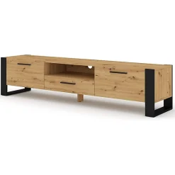 Meuble TV Nuka 200 Cm Meuble Hi-fi Sideboeard Chêne Artisan Jambes Noires Et Poignées